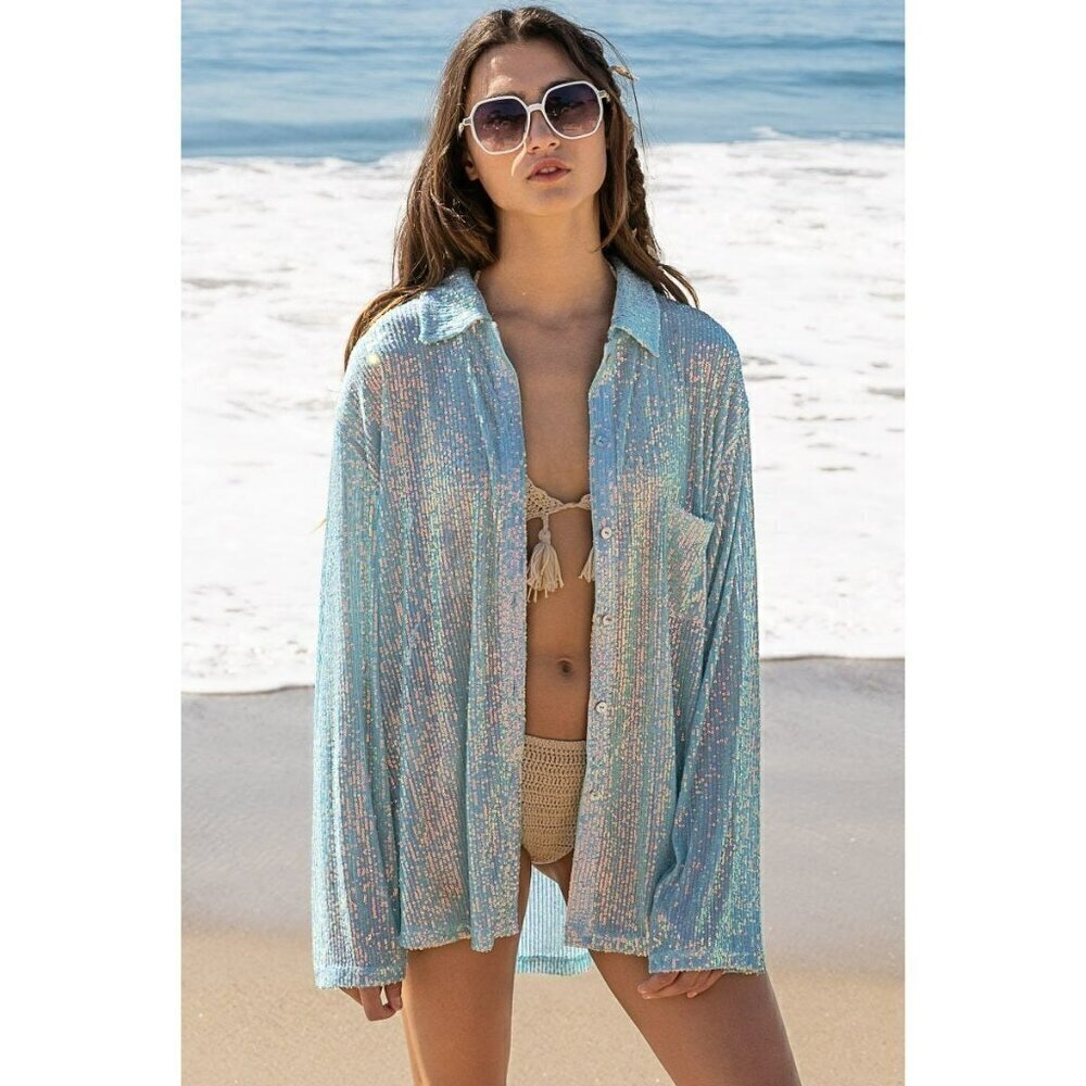 Life's a Party Sequin Button-Up Shirt in Aqua - Picture 8 of 8